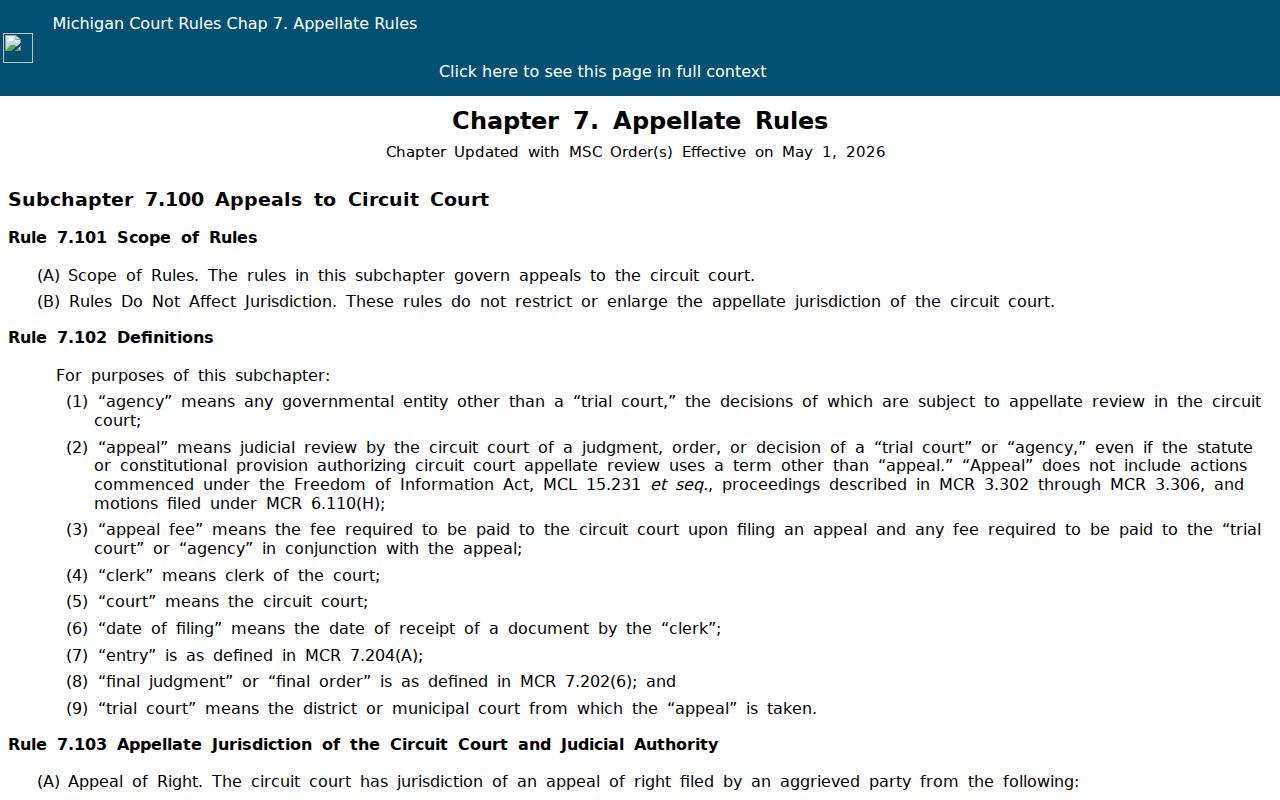 Bay County civil docket Michigan Court Rules Chapter 7 appeal procedure source