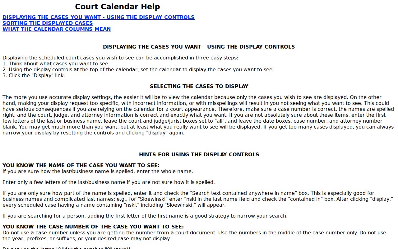 Bay County court calendar help page describing search steps and update information