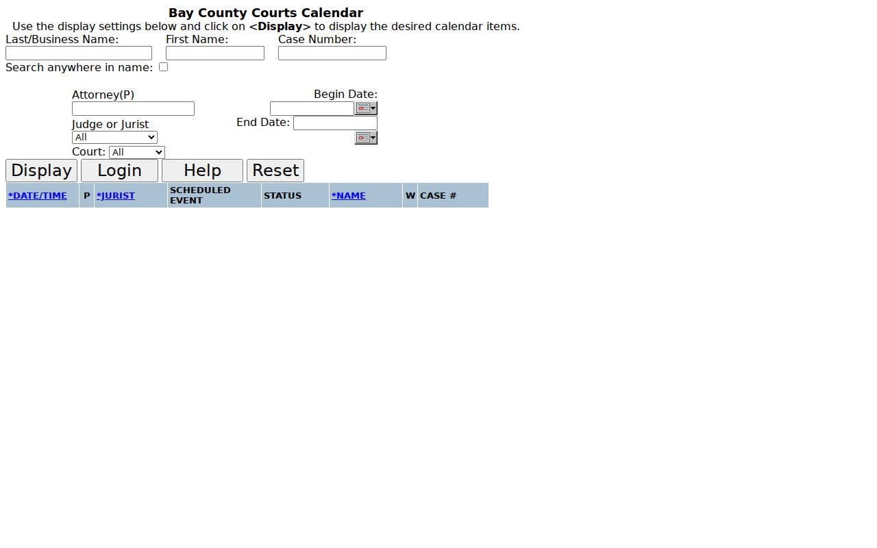 Bay County court calendar search form with name, date, jurist, and court fields