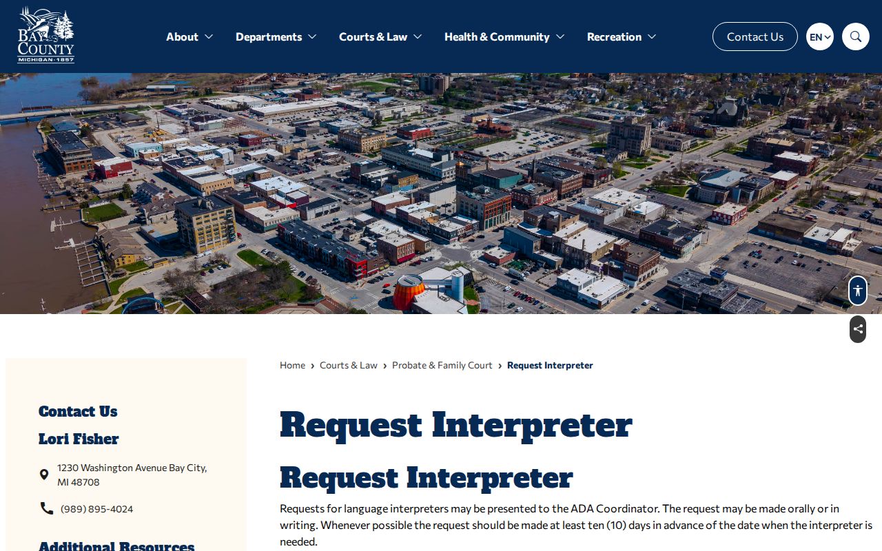 Bay County court calendar guidance related to interpreter and ADA access