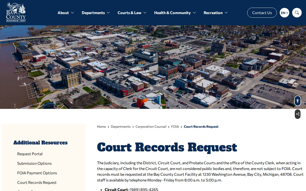 Bay County court records request source with court-specific contact routes