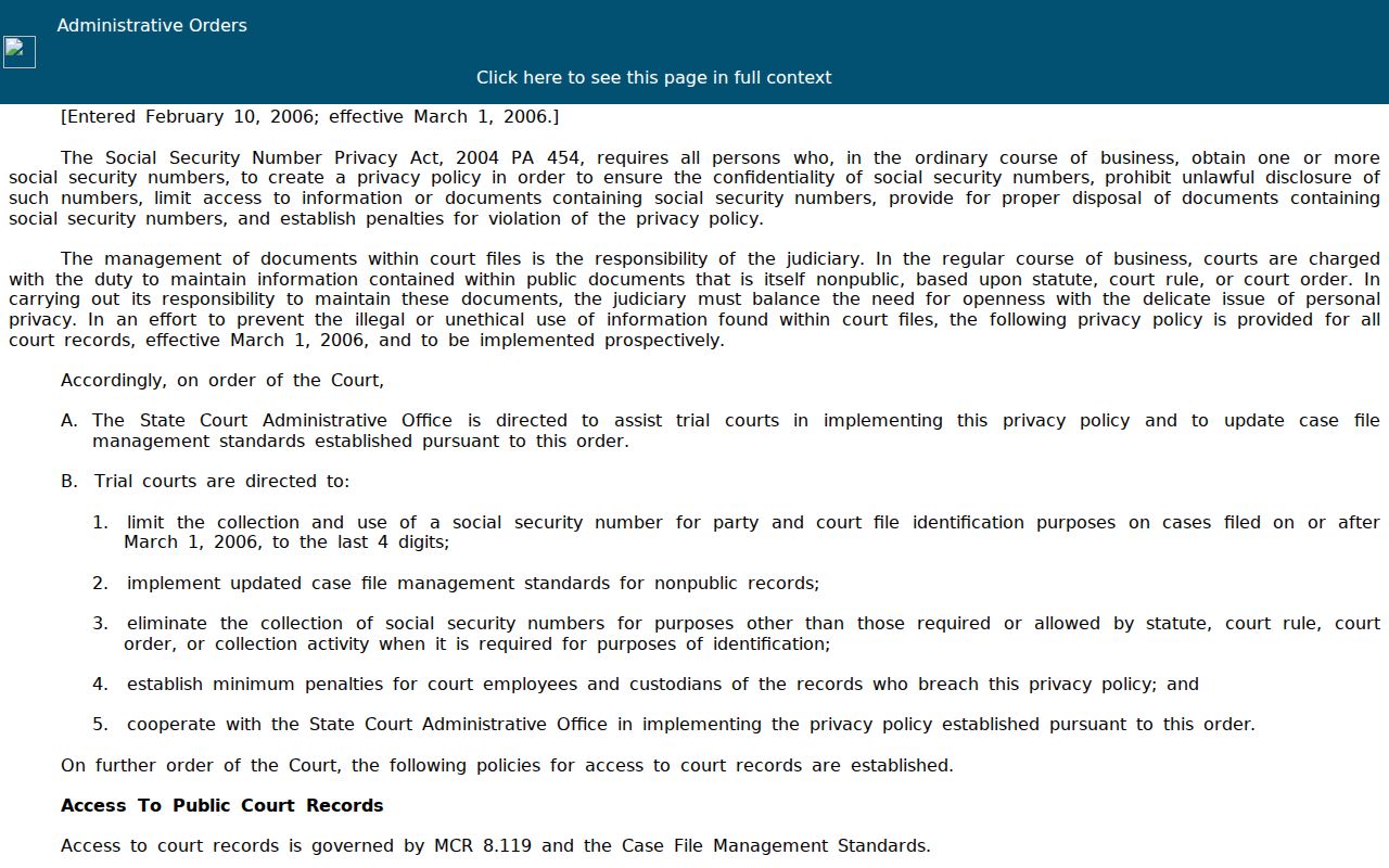 Bay County court records privacy and access policy source