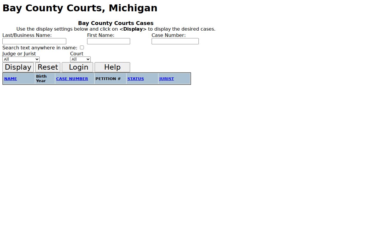 Bay County criminal docket case-search form with name, case number, jurist, and court fields