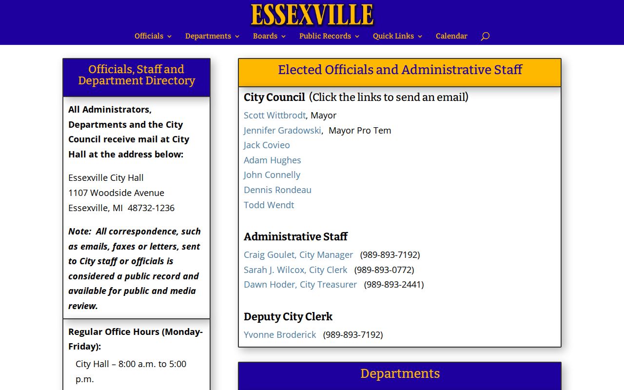 Essexville court docket source for City Hall and city clerk contact information