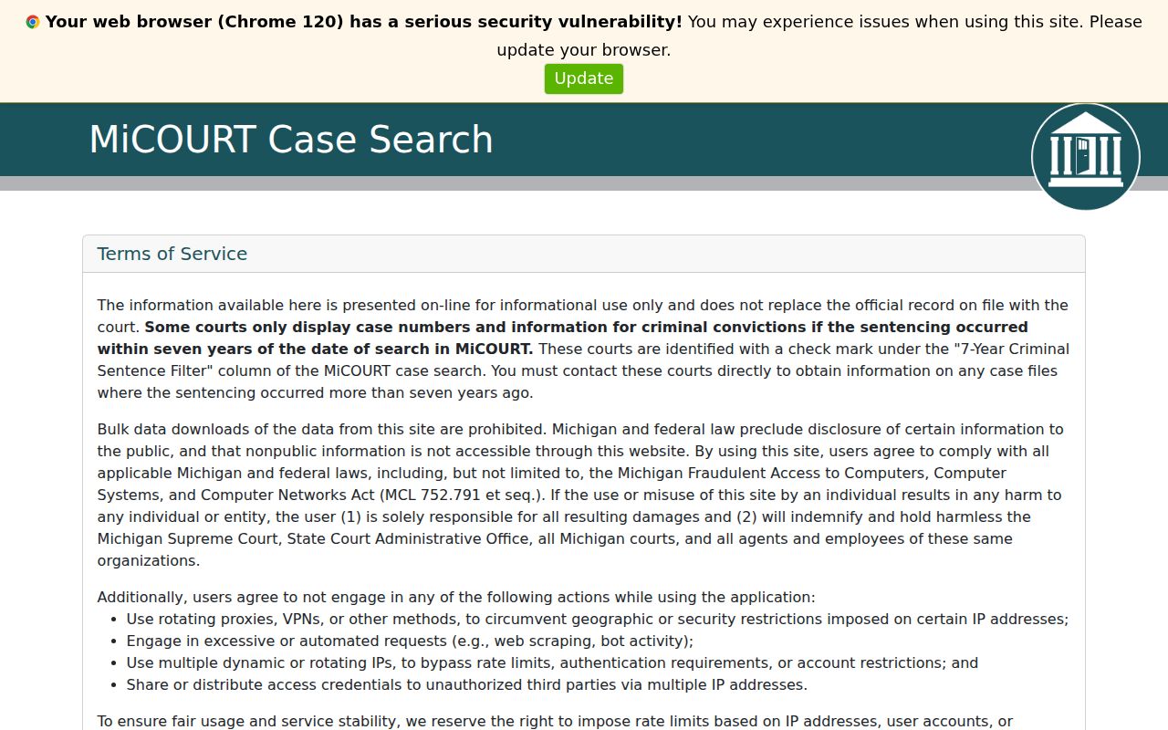 Bay County court docket MiCOURT statewide case search notice