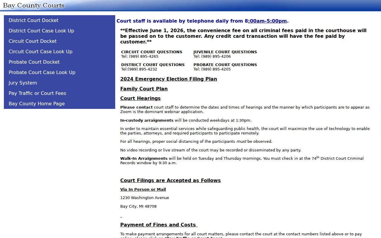 Bay County court docket operational notices for filings and hearings