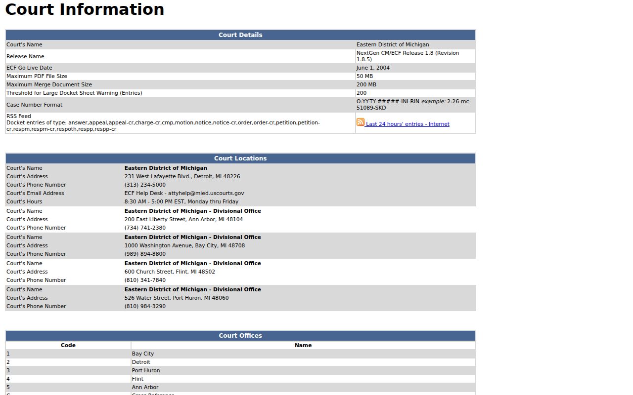 Bay County court docket boundary for Eastern District of Michigan federal cases