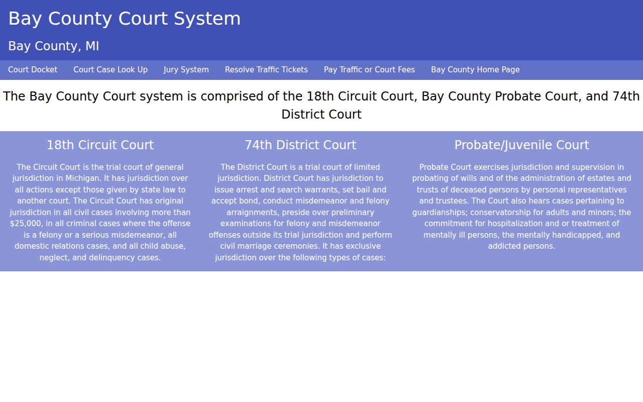 Bay County court docket portal with public case and calendar search routes
