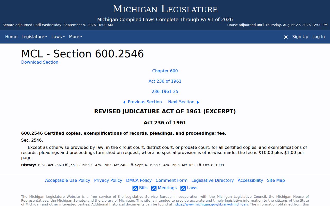 Bay County traffic court records source for Michigan certified-copy fees