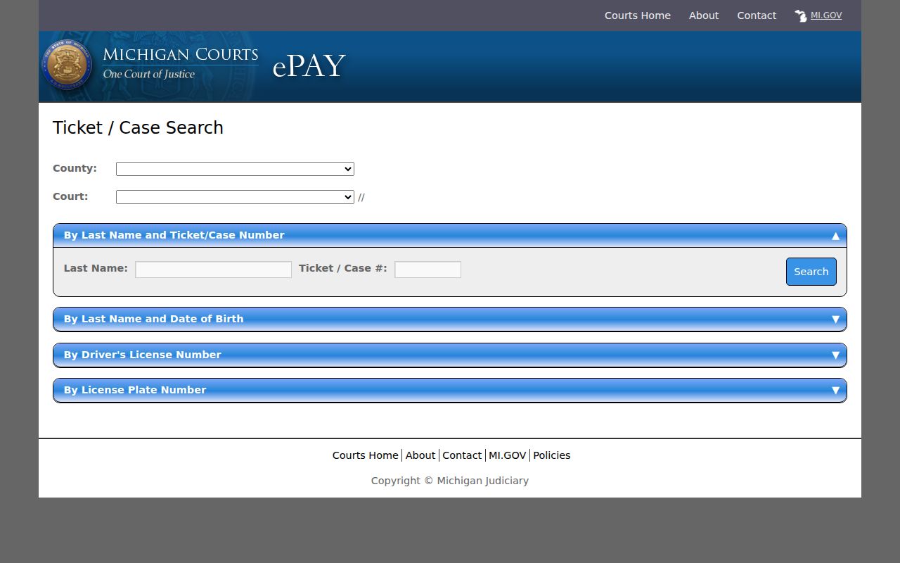 Bay County traffic court records source showing Michigan PayTix search fields